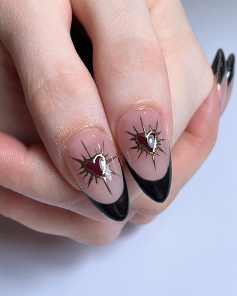 It was so special creating a gothic, art deco inspired set for my client. I have a special place in my heart for this style of nails. My client wanted to add a dramatic length to her nails without compromising comfort. We opted for @apresnailofficial tips in Medium Almond to allow my client a natural look and feel. Soft gel extensions are such a game changer, allowing you to get instant length without excess filing, dust, or discomfort! Christmas appointments are nearly booked out - book to... Dark Nail Designs Gothic Short, Gothic Valentines Nails Almond, Gothic Inspired Nails, Gothic Valentines Nails Short, Anatomical Heart Nails, Dark Valentines Day Nails Almond, Moody Valentines Day Nails, Gothic Heart Nails, Goth Heart Nails