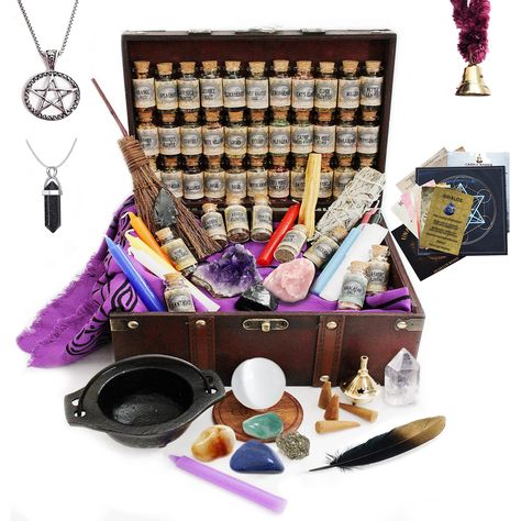 PRICES MAY VARY. Inside this witchcraft supplies kit you will find 90 witchcraft items, an apothecary kit of 40 Wiccan herbs inside lovely 10ml. corked jars, a set of crystals for witchcraft such as: Obsidian, Amethyst, Rose Quartz, Quartz Point, Citrine, Aventurine, Sodalite and Selenite, an iron-cast cauldron for witchcraft, Witches Black Salt, 10 spell kit candles, and other witchcraft stuff. All the witch supplies inside with witchcraft kit box have been hand-selected and hand-packed with ca Alter Supplies, Spell Supplies, Witches Black Salt, Witchcraft Kit, Herbs Witch, Wiccan Supplies, Herbs Witchcraft, Witchcraft Practice, Apothecary Herbs