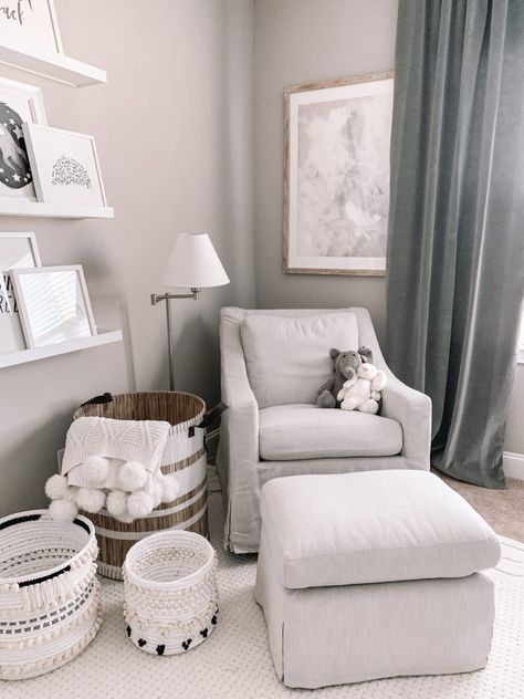 Grey Crib Nursery, Alexa Anglin, Small Room Nursery, Gender Neutral Baby Nursery, Grey Crib, Nursery Tour, Grey Baby Nursery, Peaceful Space, Glider And Ottoman