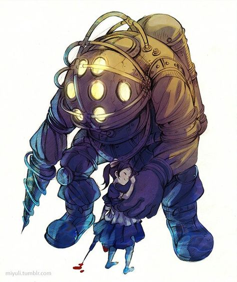 Another cute tattoo maybe on my thigh or upper arm. Bioshock - Big Daddy and a Little Sister Soulcalibur Vi, Bioshock Tattoo, Bioshock Artwork, Bioshock Game, Bioshock Art, Bioshock Series, Bioshock 2, Bioshock Infinite