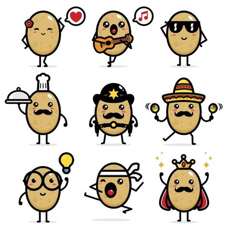 Set of cute potato vector designs Premiu... | Premium Vector #Freepik #vector #food Cute Potato Drawing, Potato Tattoo Cute, Potato Drawing Cute, Potato Picture Cute, Potato Logo Design, Potato Decorations, Potato Animation, Potato Animated, Cute Potato Cartoon