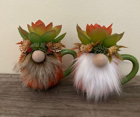 Pumpkin Gnomes Diy, Suncatchers Diy, Gnome Pumpkin, Crystal Suncatchers Diy, Gnome Fall, Pumpkin Cups, Fall Gnomes, Teacup Crafts, Bazaar Ideas