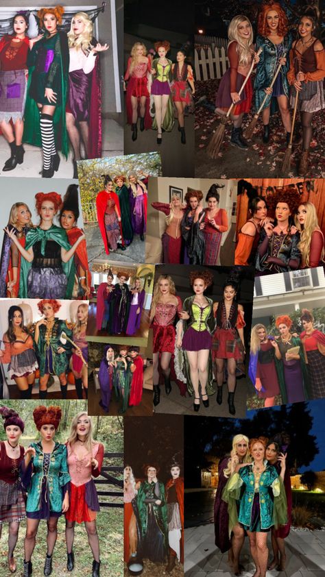 A collage of girl groups dressed as the Sanderson Sisters from Hocus Pocus, featuring individual costumes for Winifred, Sarah, and Mary, showcasing a variety of unique and magical group Halloween outfit ideas. Hocus Pocus Witches Costumes, Hocus Pocus Group Costume, Hocus Pocus Winifred Costume, Mary Sanderson Costume Diy, Hocus Pocus Costume Ideas, Sarah Hocus Pocus, Hocus Pocus Witch Costume, Sanderson Sisters Costumes Diy, Hocus Pocus Costume Diy