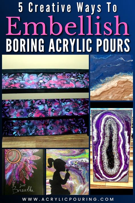 Paint Pouring Projects, Pour Paint Projects, Painting Over Acrylic Pour, Embellish Acrylic Pour, Embellished Paint Pour, Acrylic Pours Ideas, Acrylic Pour Painting Ideas On Canvas, Fluid Art Color Combinations, Acrylic Pour Painting Ideas