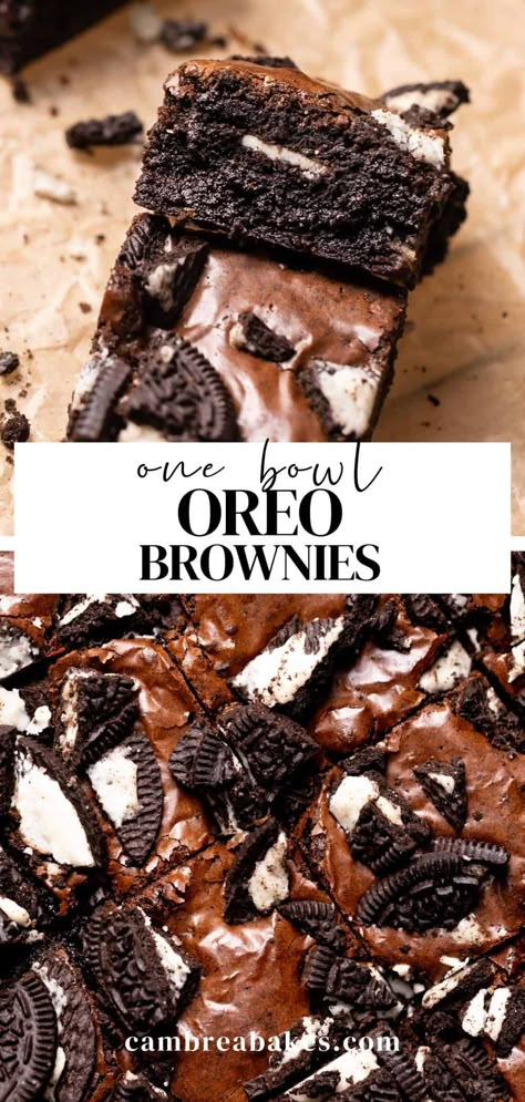 These fudgy Oreo brownies are packed with Oreo cookies and are perfect for Oreo lovers! You can make this brownie recipe in one bowl with simple ingredients; they have classic crinkle tops and turn out perfect every time! Oreo Brownies Recipe Homemade, Desserts Made With Oreos, Homemade Oreo Brownies, Oreo Baking, Cookie Brownie Oreo Recipe, Oreo Cookie, Oreo Brownie, Fun Brownie Recipes, Fudgy Oreo Brownies