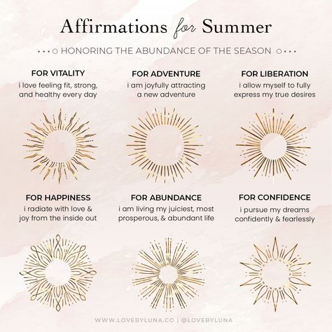 Love By Luna®’s Instagram post: “Leo season represents the height of summer, and these are a few affirmations you can use to shine strong and bright 🌞 ⁠ ⁠ 👉 Which of these…” July Vision Board, Secret Witch, Secret Tattoos, Litha Summer Solstice, Yoga Vibes, Witchy Boho, Free To Be Me, Summer Mood Board, Spiritual Work