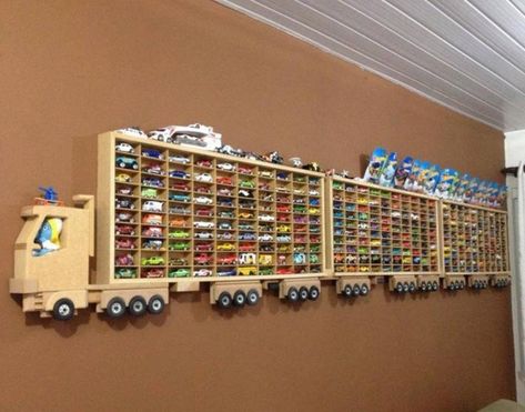 Toy Car Display, File Shelf, Hot Wheels Storage, Hanging Storage Shelves, Toy Car Storage, Hot Wheels Display, Wooden Truck, Diy Display, Organisation Hacks