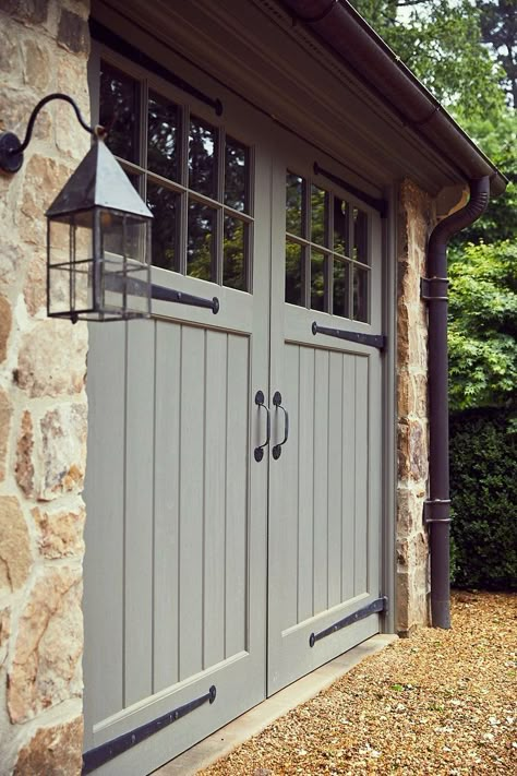 English Cottage Exterior, Carriage House Garage, Modern Garage Doors, Farmhouse Garage, Exterior House Colors With Stone, Garage Door Styles, Garage Exterior, Carriage Doors, Garage Door Design