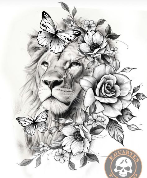 Lion Tattoo With Flowers, Crown Tattoos For Women, Flower Tattoo Stencils, Vinyle Cricut, Butterfly Back Tattoo, Lioness Tattoo, Lion Head Tattoos, Fabric Painting Techniques, Tattoos For Women Flowers