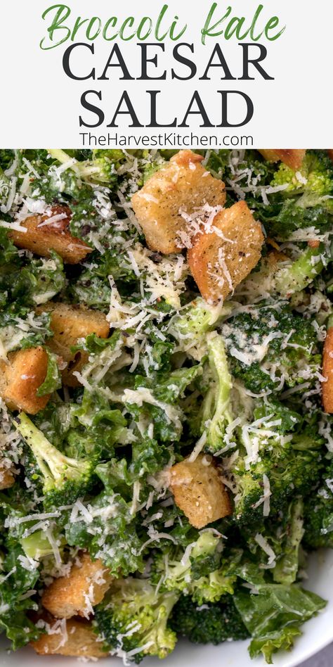 This Broccoli Kale Caesar Salad Recipe is a healthy mix of raw broccoli and kale tossed in a super simple homemade Caesar dressing without any anchovies. Caesar Dressing Without Anchovies, Homemade Caesar Dressing, Best Broccoli Salad Recipe, Homemade Caesar Salad Dressing, Homemade Caesar, Broccoli Benefits, Salad Kale, Kale Caesar, Make Ahead Salads