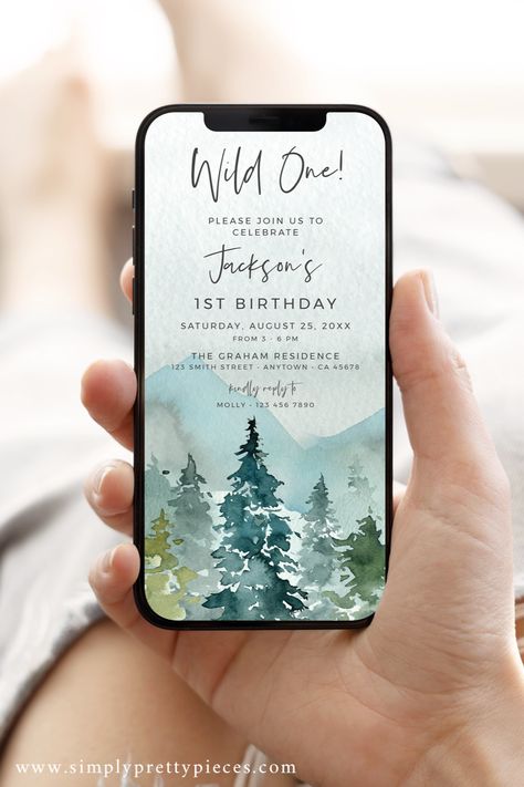 Bring the spirit of adventure to your little one's first birthday celebration with our Digital First Birthday Invitation. This editable template lets you customize an unforgettable, woodland and mountain-themed extravaganza that friends and family will be talking about for years to come. Start the party off on a high note today! 1st Birthday Wild One, 1st Birthday Invite, Woodland Birthday, Baby 1st Birthday, Printable Stationery, Electronic Invitations, First Birthday Invitations, Wild One, Birthday Invite