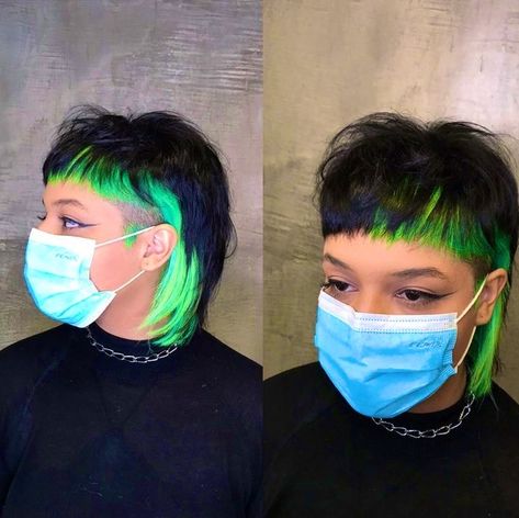 Two Toned Mullet Hair, Mullet Coloured Hair, Colorful Mullet Hair, 2 Tone Mullet, Color Mullet Hair, Black And Colored Hair Short, Vivid Mullet, Mullet With Color, Hair Blocking Color Hairstyles