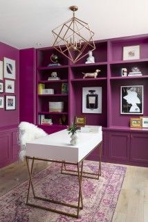 Jewel Tone Home Office, Bold Home Office Colors, Purple Office Ideas, Eclectic Modern Decor, Purple Home Office, Purple Wall Paint, Pink Home Offices, Purple Interior Design, Transitional Home Office