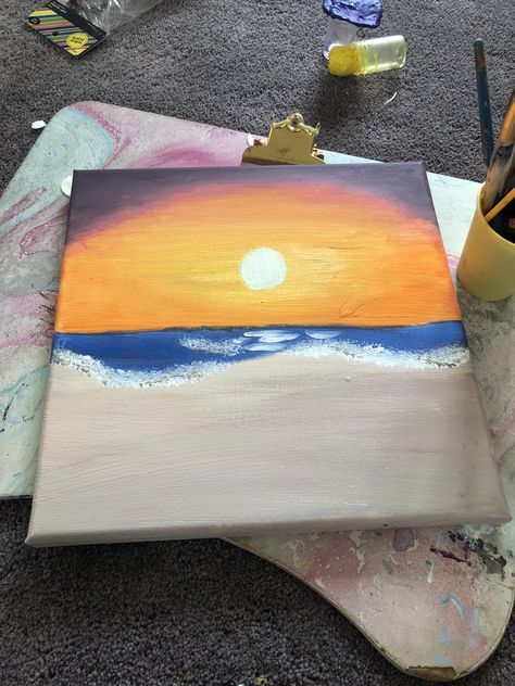 Easy Paintings For Kids, Painting Ocean Sunset, Paintings For Kids, Easy Painting For Kids, Dyi Painting, Easy Disney Drawings, Beach Drawing, Sunrise Painting, Painting Ocean