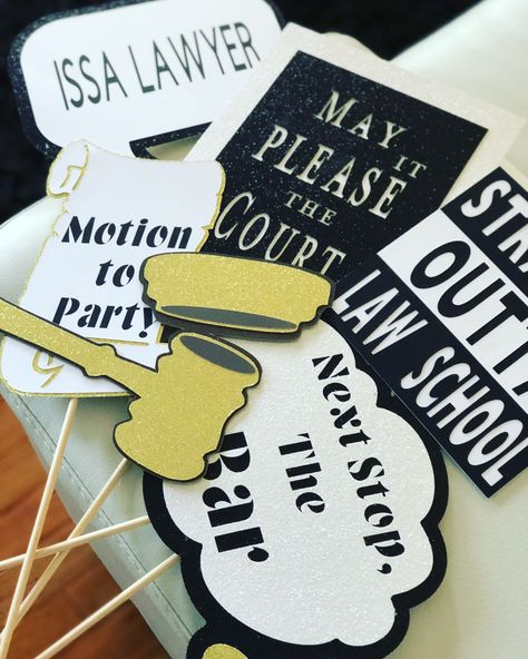 Law School photo props Lawyer Themed Party, Lawyer Party Ideas, Law Party Decorations, Law Themed Party, Call To The Bar Lawyer Party, Law School Party Ideas, Law School Graduation Party Decorations, Law Graduation Party Ideas, Law School Graduation Party Ideas