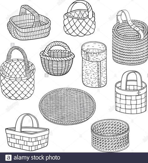 Cartoon Line Art, Basket Drawing, Ornament Drawing, Texture Drawing, Line Art Vector, Basket Design, Hand Embroidery Art, Wicker Basket, Vector Hand