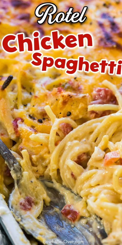 Spaghetti with creamy rotel tomatoes with Pinterest overlay. Chicken Spaghetti With Rotel, Spaghetti With Rotel, Easy Chicken Spaghetti Recipe, Rotel Chicken, Rotel Chicken Spaghetti, Easy Chicken Spaghetti, 1200 Calorie Diet Meal Plans, Rotel Recipes, Spagetti Recipe