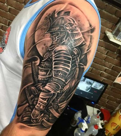 Top 95 Best Upper Arm Tattoo Ideas - [2020 Inspiration Guide] Samurai Tattoo Design Warriors, Samurai Shoulder Tattoo, Ronin Tattoo, Upper Arm Tattoos For Guys, Ninja Tattoo, Japanese Warrior Tattoo, Dollar Tattoo, Samurai Tattoo Sleeve, Warrior Tattoo Sleeve