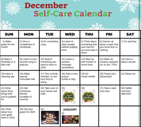 December Self Care Calendar, Selfcare Calendar, December Self Care, December Schedule, December Goals, 2024 Challenge, December Challenge, Winter Tips, Wellness Challenge