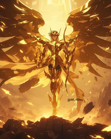 🌟 Remembering the legendary Gold Saint, Sagittarius Aiolos, who valiantly gave his life defending Athena, with his epic Sagittarius Cloth… | Instagram Gold Anime Wallpaper, Phoenix Images, Magical Images, Cool Anime Backgrounds, Dragon Illustration, Golden Knights, Universe Art, Fantasy Creatures Art, Japan Art