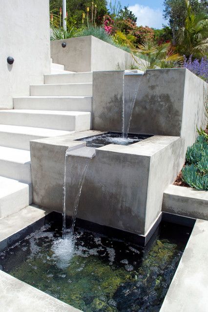 Contemporary Backyard, Custom Water Feature, Landscape Stairs, Outdoor Wall Fountains, Water Architecture, Outdoor Water Features, Garden Water Feature, Fountains Backyard, Fountain Design