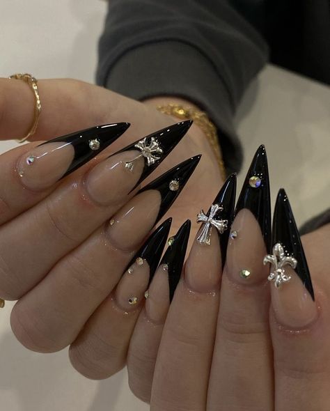 Acrylic Nails Stiletto, Cross Nails, Pointy Nails, Black Acrylic Nails, Punk Nails, Gothic Nails, Goth Nails, Grunge Nails, Nails Stiletto