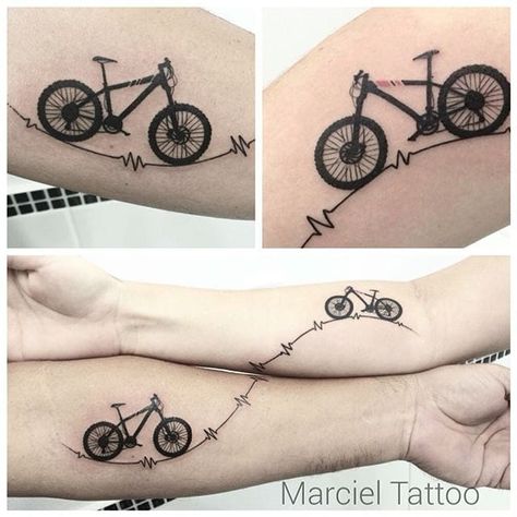 Bike tattoo by Marciel Silva. #bike #fixie #biker #cyclist #biking #sport #matching #couple Cycling Tattoo, Mountain Bike Tattoo, Bike Tattoo, Him And Her Tattoos, Bike Fixie, Bicycle Tattoo, Bike Tattoos, Mountain Tattoo, Bicycle Art