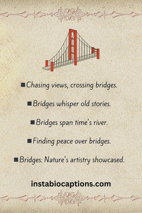 Explore a collection of inspiring bridge quotes that symbolize connection, growth, and overcoming obstacles. Discover wisdom from various sources about bridges as both physical structures and powerful metaphors for life's journeys Bridge Quotes Life, Bridge Quotes, Instagram Post Captions, Building Bridges, Bts Aesthetics, Insta Quotes, Overcoming Obstacles, Caption For Yourself, Bridge Building