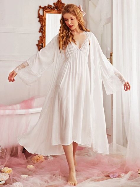 2pcs Contrast Lace Slip Dress & Robe | SHEIN USA Royal Pjs, Demon Ocs, Bridal Lingerie Set, Long Slip Dress, Dress Sets, Plain Dress, Lace Slip Dress, Sleep Dress, Bridal Robes