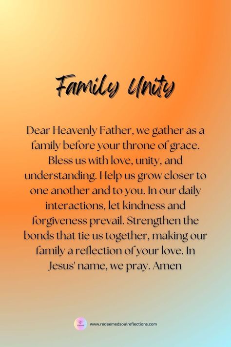 Dear Lord, bless our family with love, understanding, and unity. May our bonds grow stronger each day as we support and cherish one another. Guide us, O Lord, in our journey together. 🏡💕 #familyunity #prayer #love #togetherness #faith Family Prayers For Unity, Prayer For Family Unity, Morning Prayer For Family, Unity Prayer, Hunter's Prayer, Unity Quotes, Prayer For My Marriage, Family Prayers, Our Journey Together