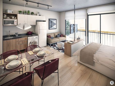 Studio apartments are notoriously difficult to decorate - especially within smaller layouts. The simplest approach is to create a coordinated style that extends Reka Bentuk Bilik Tidur, Apartemen Studio, Minimalist Studio Apartment, Tiny Studio Apartments, Studio Layout, Studio Apartment Design, Studio Apartment Living, Small Apartment Interior, Hiasan Bilik Tidur