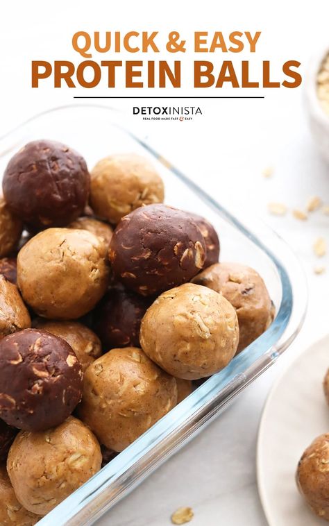 Protein Balls are a quick & healthy snack made with protein powder. They taste like cookie dough, and take just 10 minutes to stir together! Try all 3 flavors to keep your week interesting. Protein Powder Balls Healthy, Detoxinista Recipes, Protein Powder Cookies, Protein Balls Healthy, Fodmap Snacks, Unflavored Protein Powder, High Protein Breakfast Recipes, Protein Balls Recipes, Quick Healthy Snacks