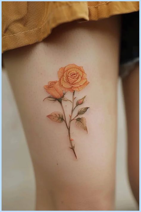 A delicate orange rose tattoo on a person's thigh. Yellow Orange Rose Tattoo, Pink And Yellow Rose Tattoo, Stop And Smell The Roses Tattoo, Orange Roses Tattoo, Tiny Yellow Rose Tattoo, Simple Yellow Rose Tattoo, Peach Rose Tattoo, Two Rose Tattoo, Rose Tattoo Unique