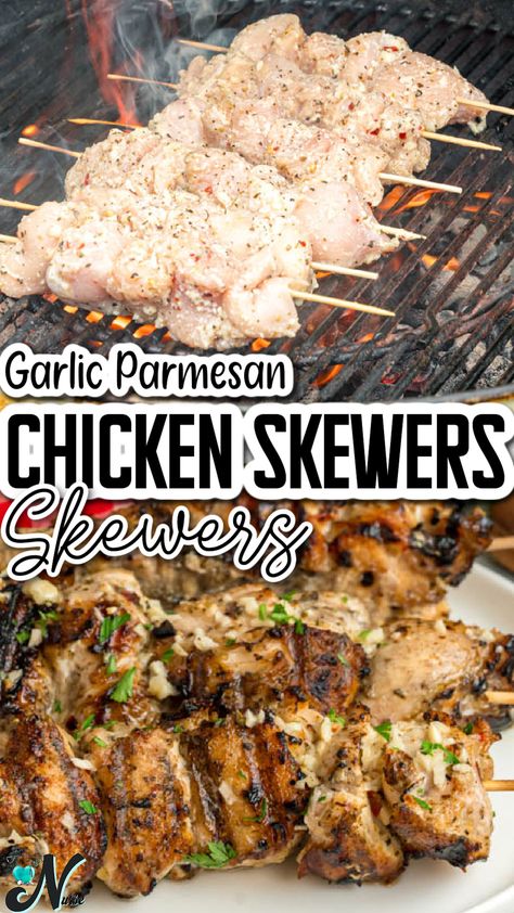 Juicy and flavorful Garlic Parmesan Chicken Skewers are perfect for grilling season! Easy to make and packed with delicious garlic and Parmesan cheese, these skewers are a must-try for any occasion. Serve them as an appetizer, main course, or add them to your favorite salad. Grilled Garlic Parmesan Chicken Skewers, Garlic Parm Skewers, Chicken Parmesan Skewers, Garlic Parm Chicken Skewers, Garlic Parmesan Chicken Skewers, Parmesan Chicken Skewers, Garlic Rosemary Chicken, Parm Chicken, Grilled Chicken Kabobs