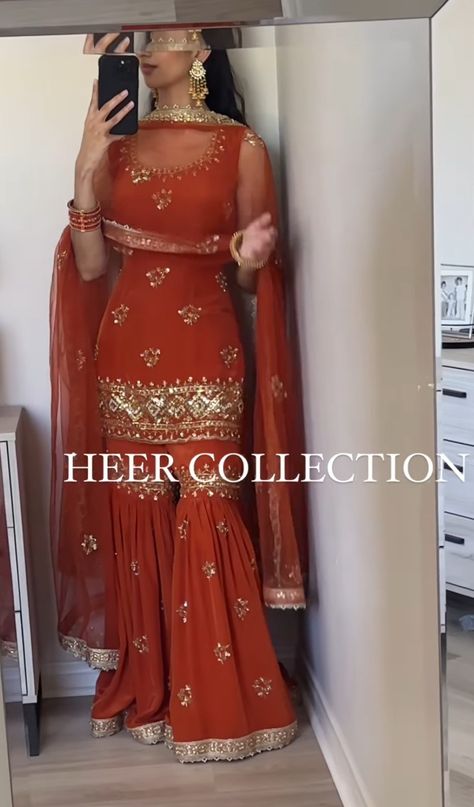 Full Covered Dress, Grara Suit Look, Reception Punjabi Outfit, Punjabi Sangeet Outfit, Simple Satin Lehenga, Sharara Hairstyle Ideas, Chooda Ceremony Outfit, Jaago Outfit Ideas Punjabi, Bridal Suits For Women Indian