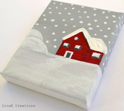 Red Cabin, Mini Toile, Christmas Canvas Art, Christmas Paintings On Canvas, Small Canvas Paintings, Paint Nite, Christmas Painting, Holiday Painting, Soyut Sanat Tabloları