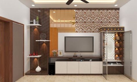 most demanding trendy tv wall units design 2022 || #modernceiling ideas Tv Unit 65 Inch Tv, Tv Unit Decor With Pooja Room, Tv Unit Plus Mandir Design, Tv Unit With Pooja Unit Design, Tv Unit Design Modern With Mandir, Tv Wall Design With Mandir, Tv Unit With Temple Design, Tv Unit With Puja Unit, Tv Unit With Pooja Unit