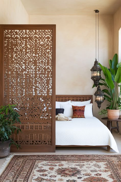 15 Moroccan Decor Ideas for Your Entire Home – Everyday Inspo Moroccan Room Divider, Moroccan Style Decor, Moroccan Interior Design Bedroom, Modern Indian Home Decor, Modern Moroccan Interior Design, Morrocan Home, Modern Moroccan Decor, Moroccan Decor Bedroom, Moroccan Style Home