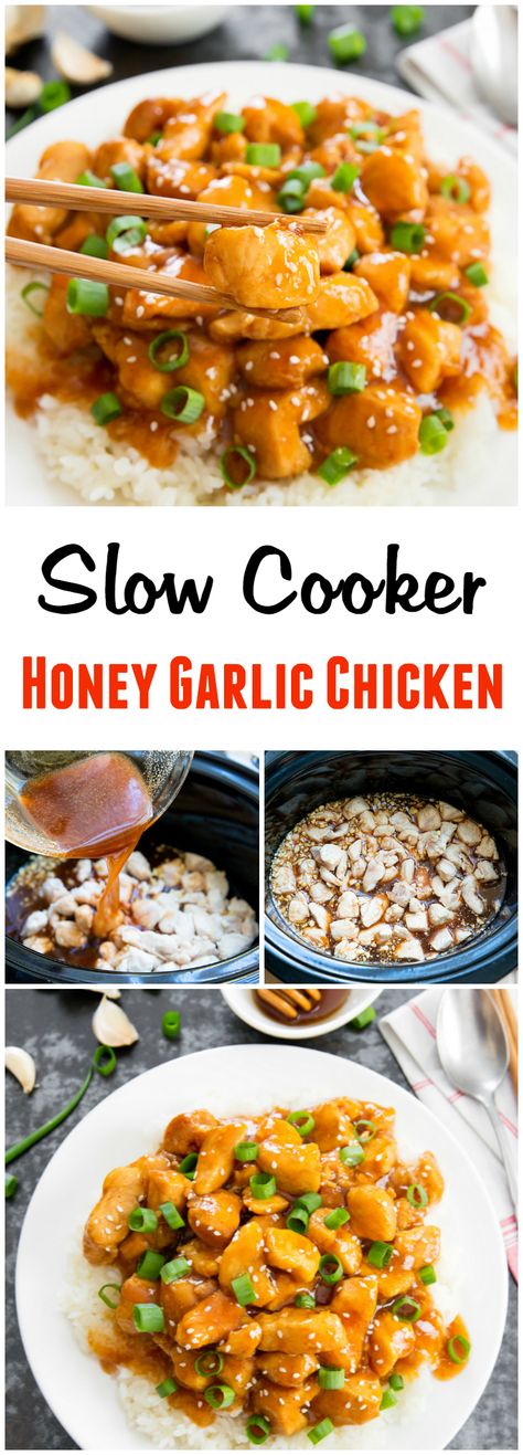 Slow Cooker Honey Garlic Chicken. An easy weeknight meal, with super tender and flavorful chicken. Slow Cooker Honey Garlic Chicken, Ginger Chicken Recipes, Honey Garlic Chicken Thighs, Garlic Chicken Recipe, Slow Cooked Chicken, Garlic Chicken Recipes, Healthy Instant Pot Recipes, Photo Food, Slow Cooker Recipes Healthy