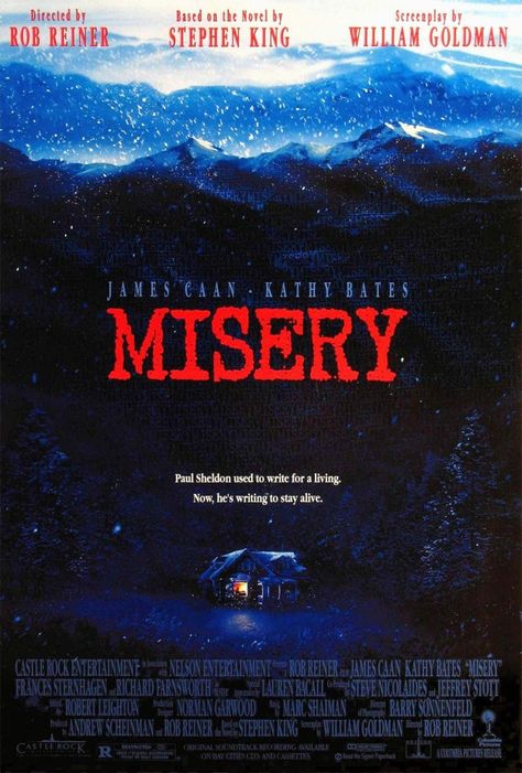 A psychological thriller based on Stephen King's 1987 novel. Misery is one of my favorite films and has one of the scariest scenes in film today. Whenever I see a sledge hammer the first thing I think about is Misery and the hobbling scene. It was even featured in a DirectTV commercial a few years ago. Its also in our text book, which I enjoy. Misery Film, Misery Stephen King, Misery Movie, Stephen King It, Kings Movie, Stephen King Movies, Movies Worth Watching, Septième Art, New Retro Wave