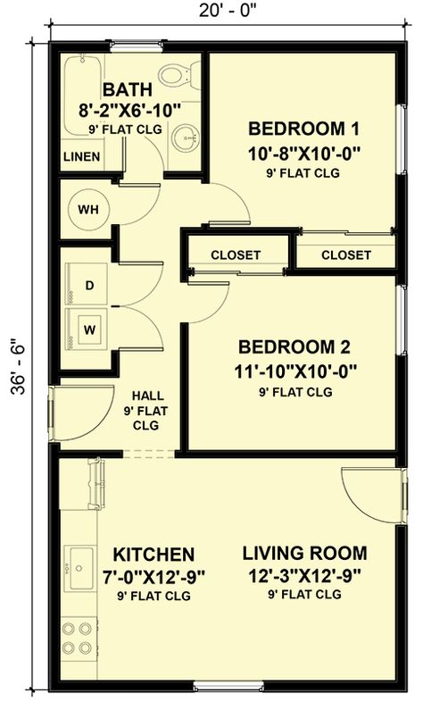 The rectangular footprint (20' by 36'6") of this 2-bedroom tiny home plan delivers 730 square feet of living space. This design is exclusive to Architectural Designs. A simple gabled roof mirrors the easy lifestyle afforded by this minimalistic design. The kitchen and living room are open to one another and allow a dining table to double as a workspace for the kitchen. The hallway leads to the bedrooms and a full bathroom with a linen closet. French doors in the hallway open to a laundry closet Closet French Doors, Two Bedroom Tiny House, 2 Bedroom Floor Plans, Gabled Roof, Small Cottage Homes, 2 Bedroom House Plans, Small House Floor Plans, Tiny House Floor Plans, Floor Plan Layout