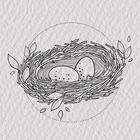 Tattoo line art of bird nest with eggs and geometric circle and twigs around it Robins Nest Tattoo, Birds Nest Tattoo, Nest Inktober, Bird Nest Drawing, Bird Nest Art, Watercolor Outline, Nest Tattoo, Nest Drawing, Nest Illustration