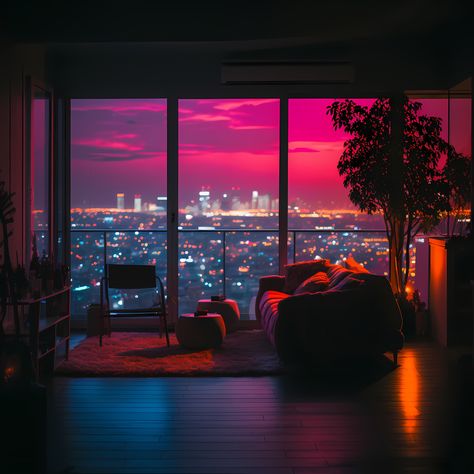 Cyberpunk House Interior, Cyberpunk House, City View Apartment, Wattpad Background, 80s Interior, Apartment View, High Rise Apartments, Apartment Living Room Design, New Retro Wave