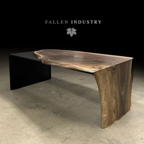 The Overflow Desk. Shown with a live edge walnut wood slab on black steel with a wooden waterfall leg. #liveedge #moderndesign #design #furniture #interiordesign #furnituredesign #liveedgeslab #reclaimedwood #interiordesigner #homedesign #homedecor #brooklyn #highendfurniture #interiors #homedecor #interiordecorator #woodslab #liveedgetable #interiordecorating #modernfurniture #architecture Wooden Waterfall, Live Edge Conference Table, Wood Slab Dining Table, Highend Furniture, Live Edge Tables, Live Edge Desk, Live Edge Furniture, Reception Desks, Conference Tables