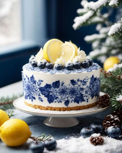 Lemon and Blueberry Cake... - Great British Tea Party Blue Floral Cake Birthday, Blue Tea Party Aesthetic, Lemon And Blueberry Cake, Floral Cake Birthday, Blue And White Cake, Fantasy Cakes, British Tea Party, Choco Cake, British Cake