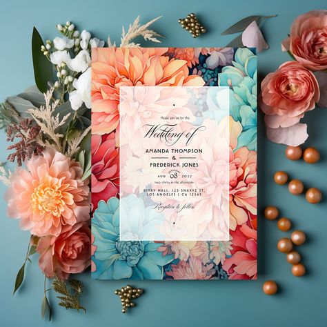 Teal, coral, and champagne floral spring wedding invitation. Ideal for a spring garden wedding. Teal And Champagne Wedding, Teal And Coral Fall Wedding, Peach Teal Wedding Colors, Coral Teal Wedding, Teal And Peach Wedding, Peach And Teal Wedding, Teal And Orange Wedding Invitations, Floral Spring Wedding, Homestead Wedding