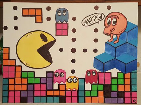 Arcade games acrylic painting/canvas Video Game Painting, Game Painting, Paintings Acrylic, Gaming Art, Cute Canvas Paintings, Game Themes, Cute Canvas, Mini Drawings, Painting Videos