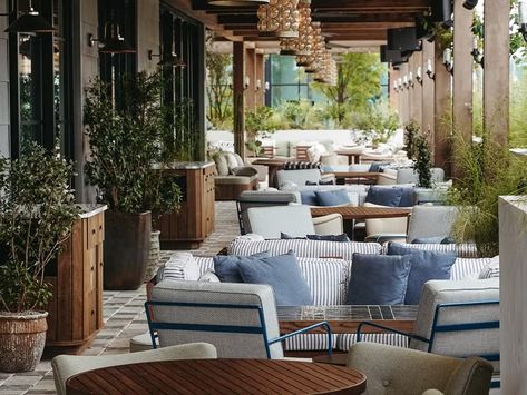 Soho House Austin | Members' Club & Hotel in Texas Soho Farmhouse, Lady Bird Lake, Restaurant Patio, Booth Seating, Soho Home, Outdoor Furniture Design, Austin Homes, Open Fireplace, Room Screen