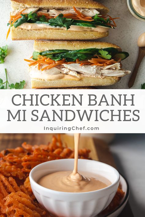 Chicken Banh Mi, Juicy Shredded Chicken, Chicken Enchilada Pasta, Baguette Sandwich, Vietnamese Sandwich, Banh Mi Sandwich, Sriracha Mayo, Simple Menu, Chicken Sandwich Recipes