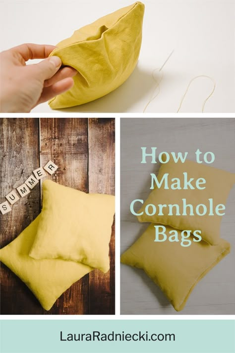 You can buy them or you can make them, but cornhole is everywhere you look in the summer! One of America's favorite yard games, cornhole or bean bags is fun and easy to play. You can learn how to make your own DIY corn hole bags with this simple sewing tutorial. You'll be ready for the backyard bbq game in no time! Diy Bean Bags For Cornhole, Bean Bag Toss Bags Diy, Corn Hole Bean Bags Diy How To Make, Corn Hole Bags Pattern, How To Make A Bean Bag Toss Game, How To Make A Corn Hole Board, How To Make Bean Bags For Corn Hole Game, How To Redo Cornhole Boards, How To Make Corn Hole Bags